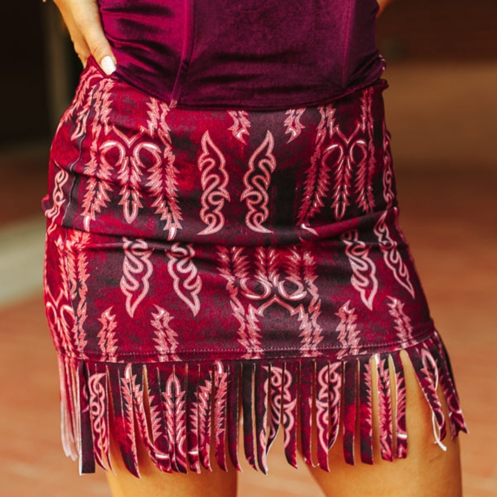 NWT Red Boot Stitch Printed Fringe Hem Skirt